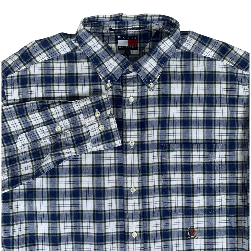 Tommy Hilfiger Button Down Shirt Mens Large Blue Plaid‎ Long Sleeve Cotton